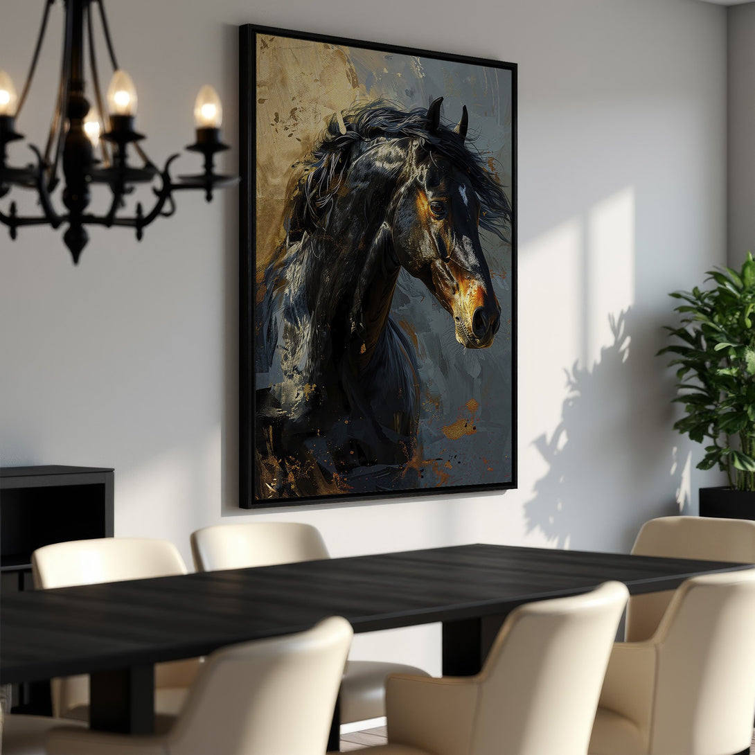 Framed Wall Art: Majestic black horse portrait in an abstract style, featuring a warm, neutral color palette. Perfect for adding elegance to any space.