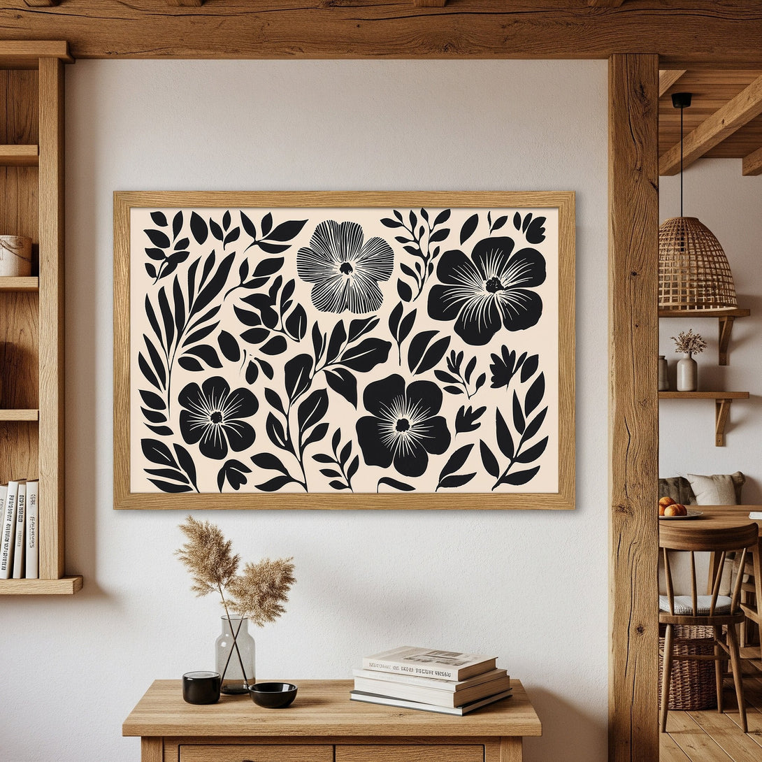 Framed Poster featuring a black and white floral design in a minimalist style. Perfect wall art for any room.