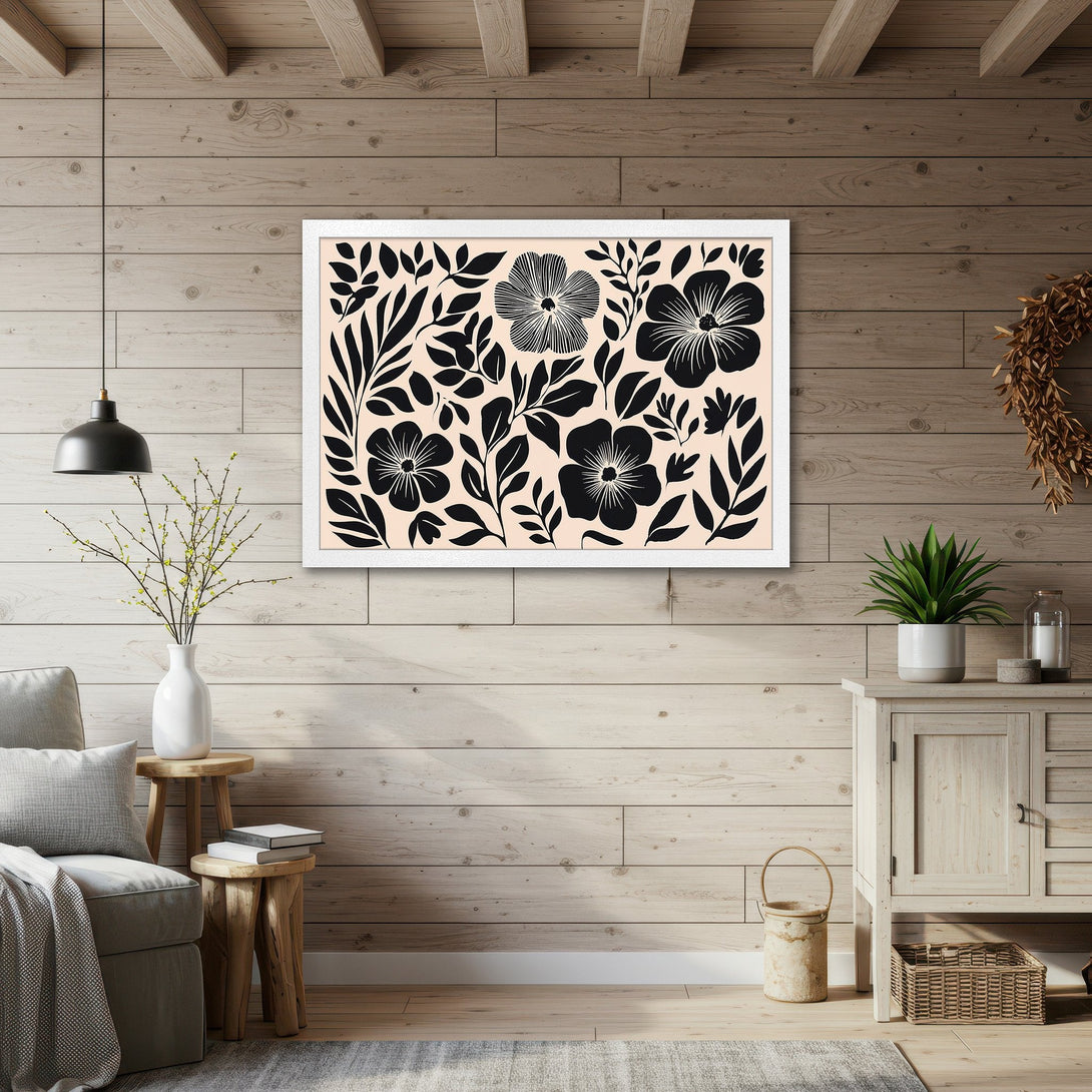 Framed Poster featuring black floral art on a beige background. Modern botanical style, perfect for home decor.
