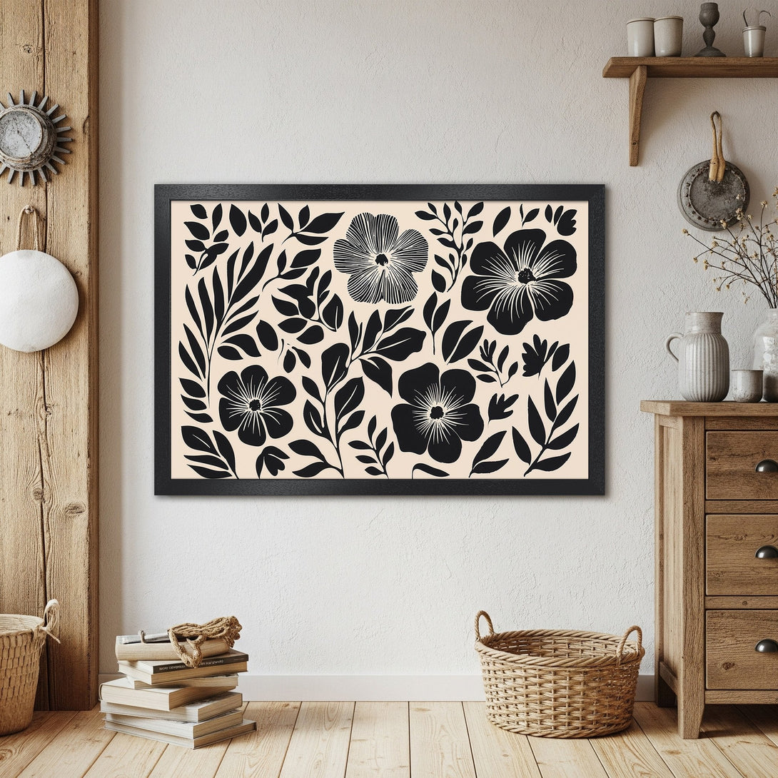 Framed Poster featuring black floral design on beige background. Modern art print for home decor.