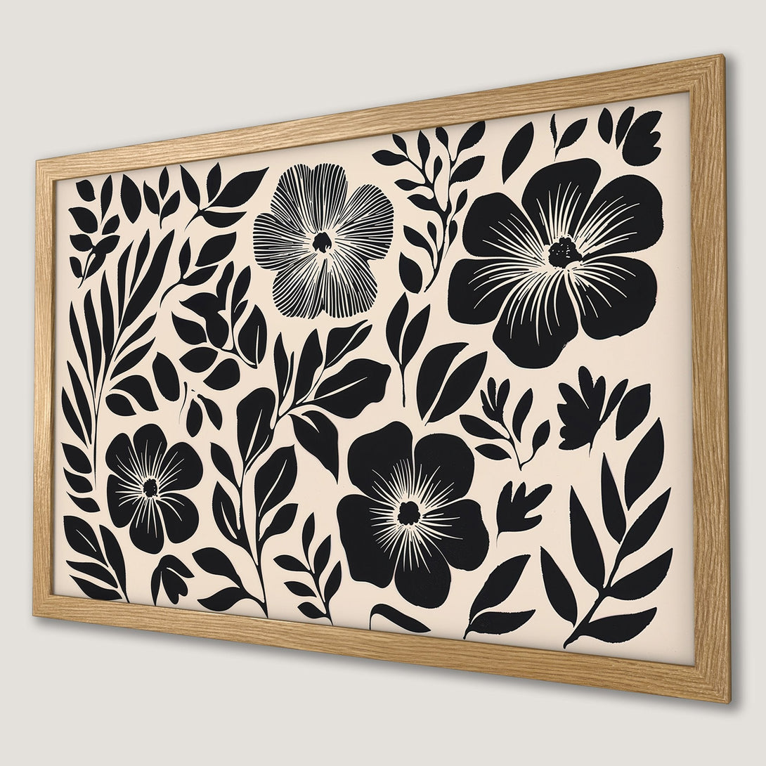 Framed Poster featuring black floral design on beige background. Modern art style, perfect for home decor.