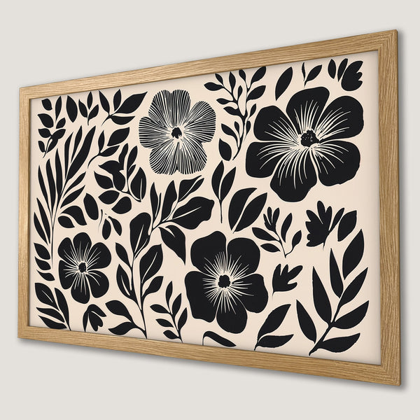 Framed Poster featuring black floral design on beige background. Modern art style, perfect for home decor.