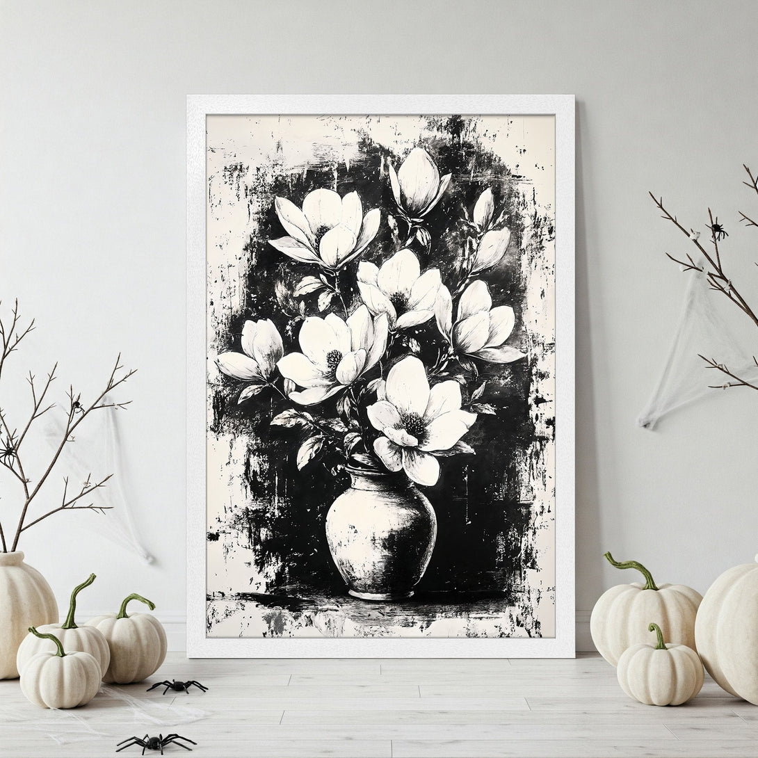 Framed Poster featuring a black and white floral artwork in a modern, abstract style. Perfect wall art for any room!