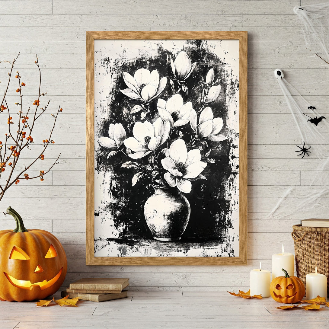 Framed Poster of white magnolia flowers in a vase, black and white abstract art, perfect for fall decor.
