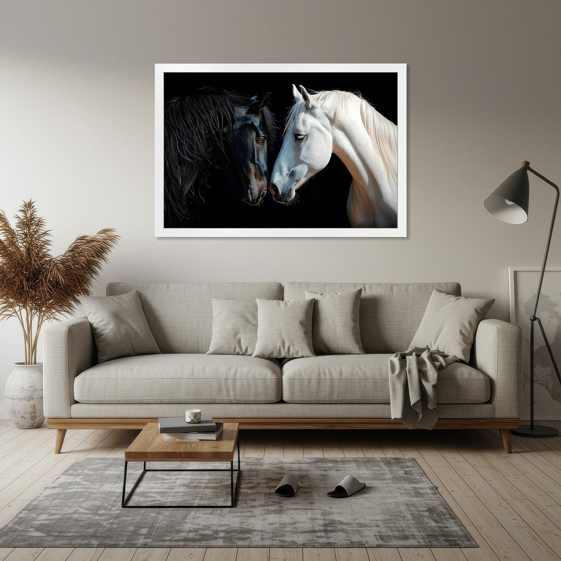 Framed Poster featuring two horses, black and white, against a dark background. Elegant art in neutral tones for home decor.