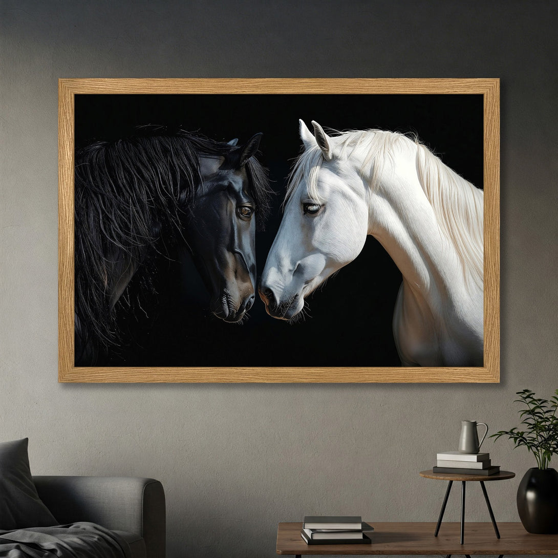 Framed Poster featuring two horses, one black and one white, with a dramatic black background. Elegant, monochrome art print.