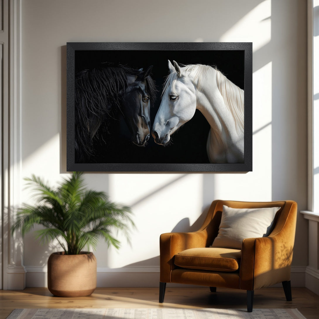 Framed Poster featuring two horses, black and white, against a dark background. Elegant art with a neutral color palette.