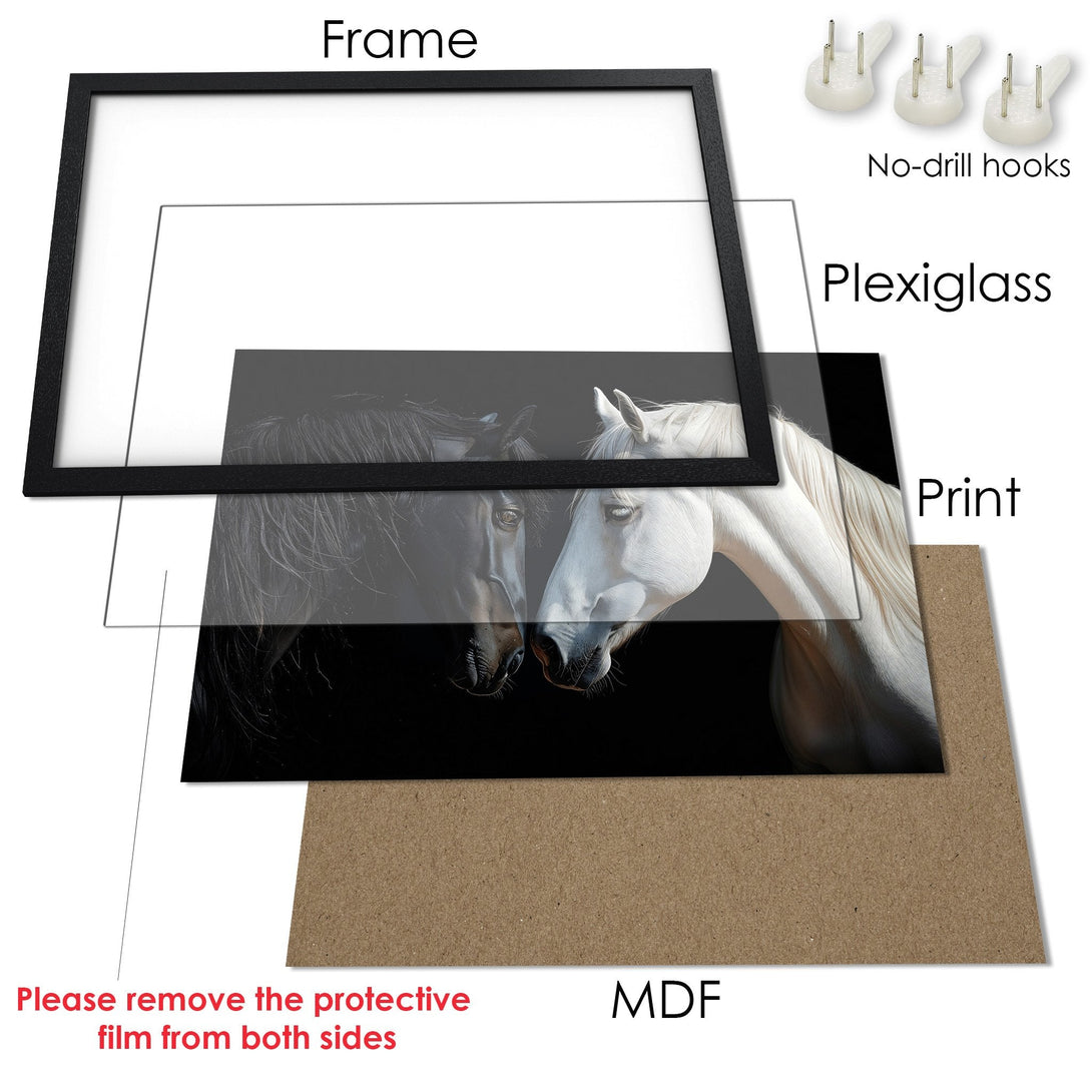 Framed Poster featuring two horses. Elegant black and white art print with a dramatic, high-contrast color palette. Perfect wall decor.