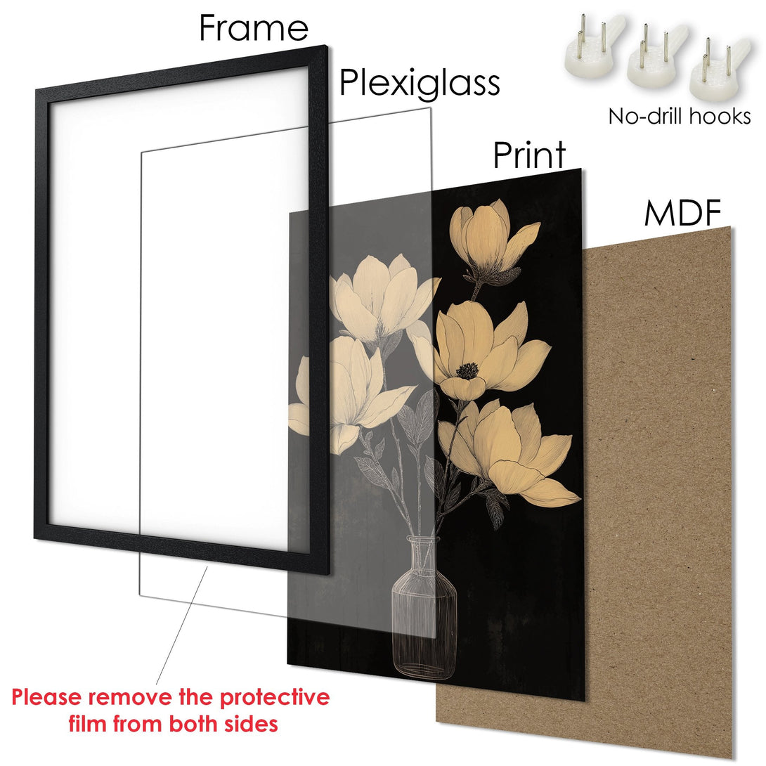 Framed Poster featuring elegant floral art in a black and gold color palette. Stylish wall decor for any space!