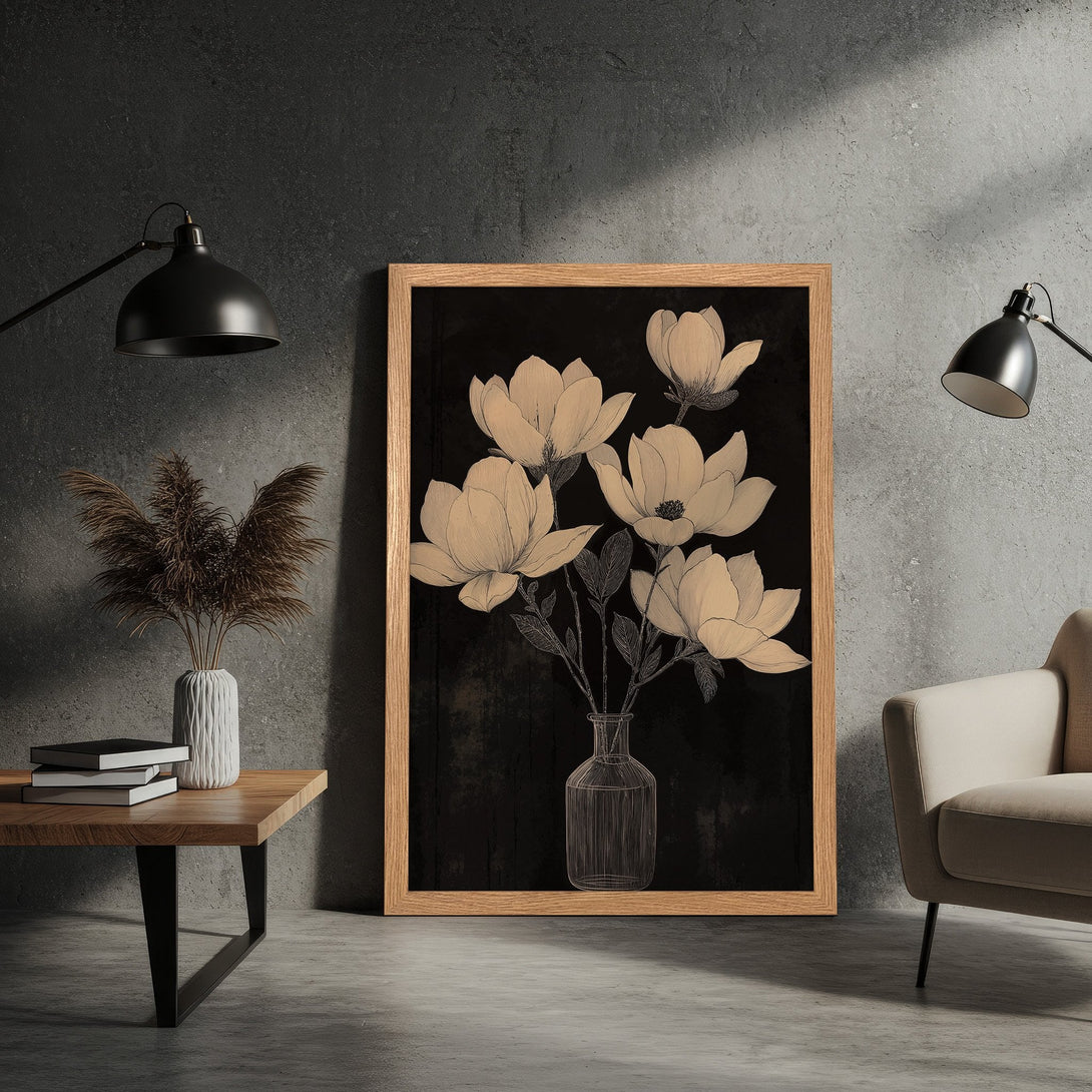 Framed Poster featuring elegant floral art in neutral tones. Perfect for adding a touch of sophistication to your home decor.