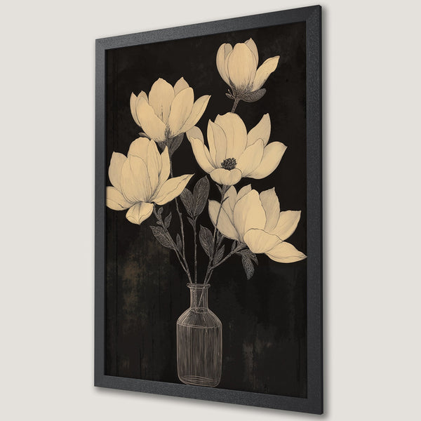 Framed Poster featuring elegant magnolia flowers in a vase. Botanical art in neutral beige and black tones, perfect wall decor.