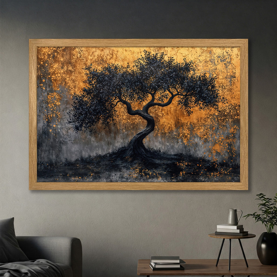 Framed Poster featuring a stylized tree with a gold and black color palette, perfect for modern decor.