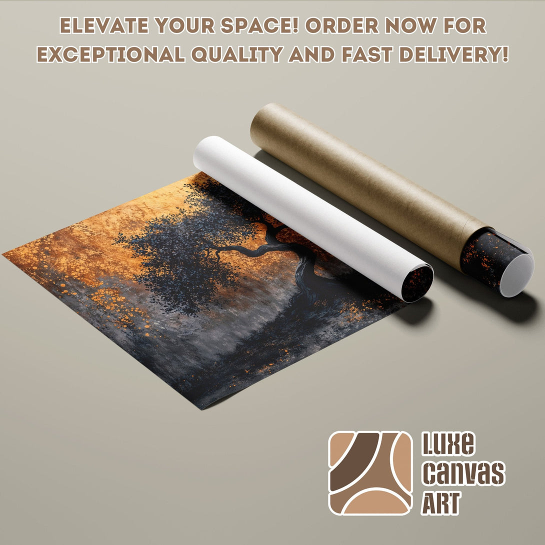 Abstract tree art Poster Roll with gold, black, and gray color palette. Elevate your space!