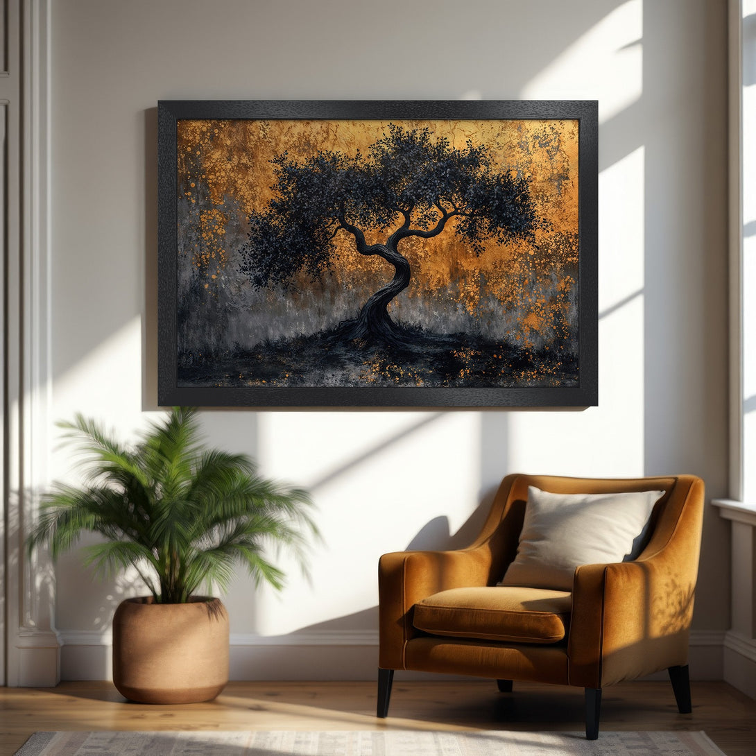Framed Poster featuring a stylized black tree against a gold and gray background. Warm color palette, perfect for home decor.