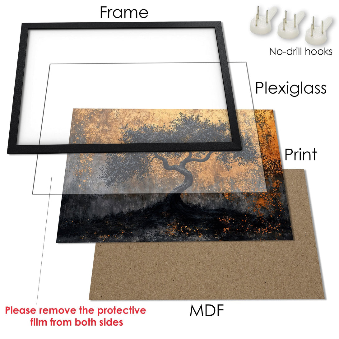 Framed Poster of an abstract tree in a black frame. Warm gold and black color palette, artistic style. Ready to hang!