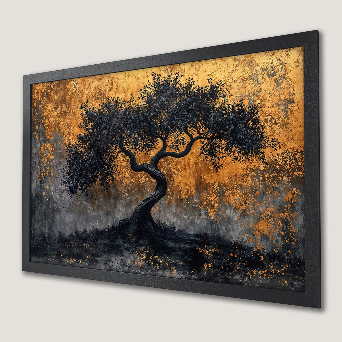 Framed Poster of a stylized tree with a gold and black color palette, perfect for modern home decor.