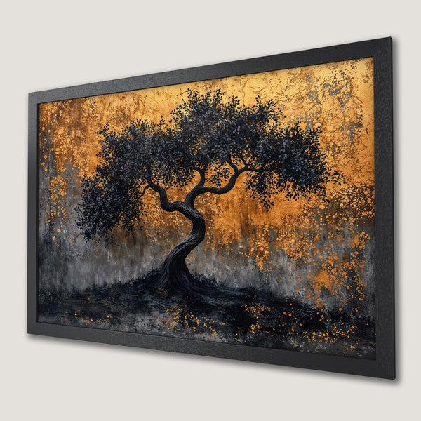 Framed Poster of a stylized tree with a gold and black color palette, perfect for modern home decor.