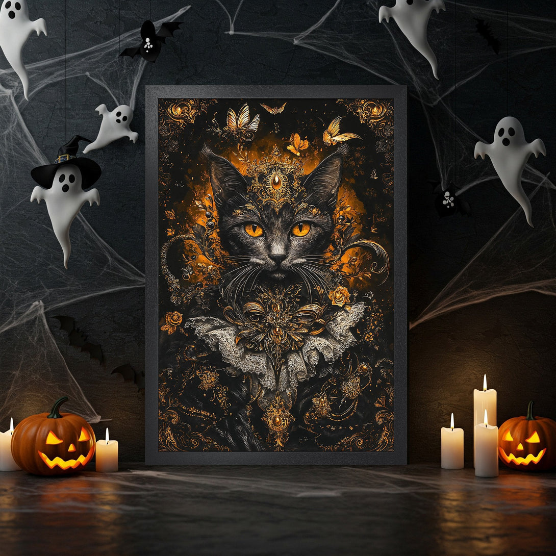 Framed Poster featuring a regal black cat with gold accents, perfect for Halloween decor. Gothic style, black and gold color palette.