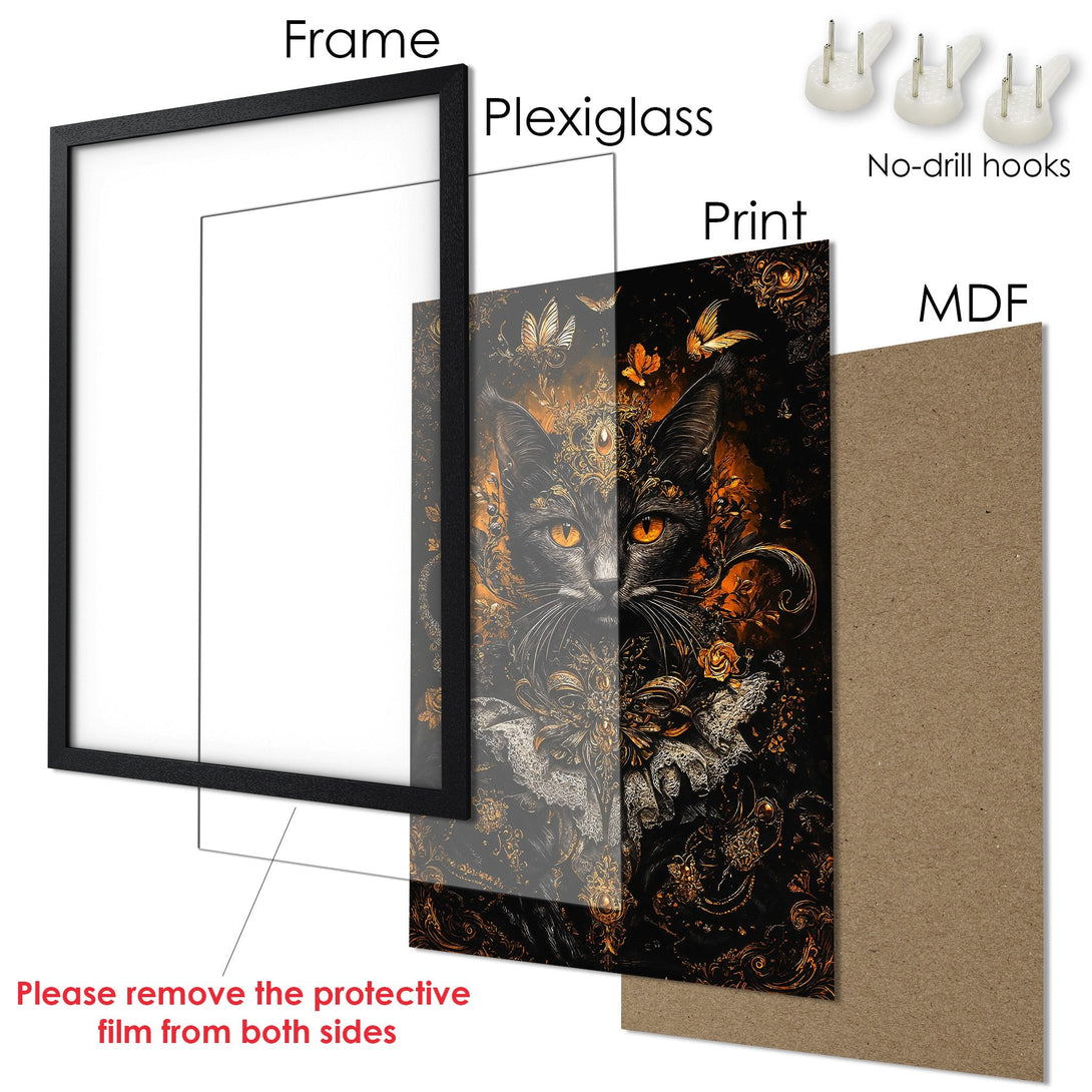 Framed Poster featuring a detailed cat illustration in a dark, ornate style with a gold and black color palette. Ready to hang!
