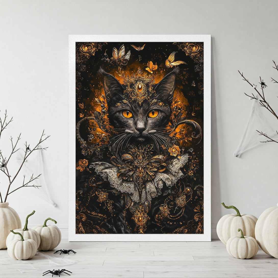 Framed Poster featuring a regal cat in ornate, gothic style with gold accents on a black background. Perfect Halloween decor!