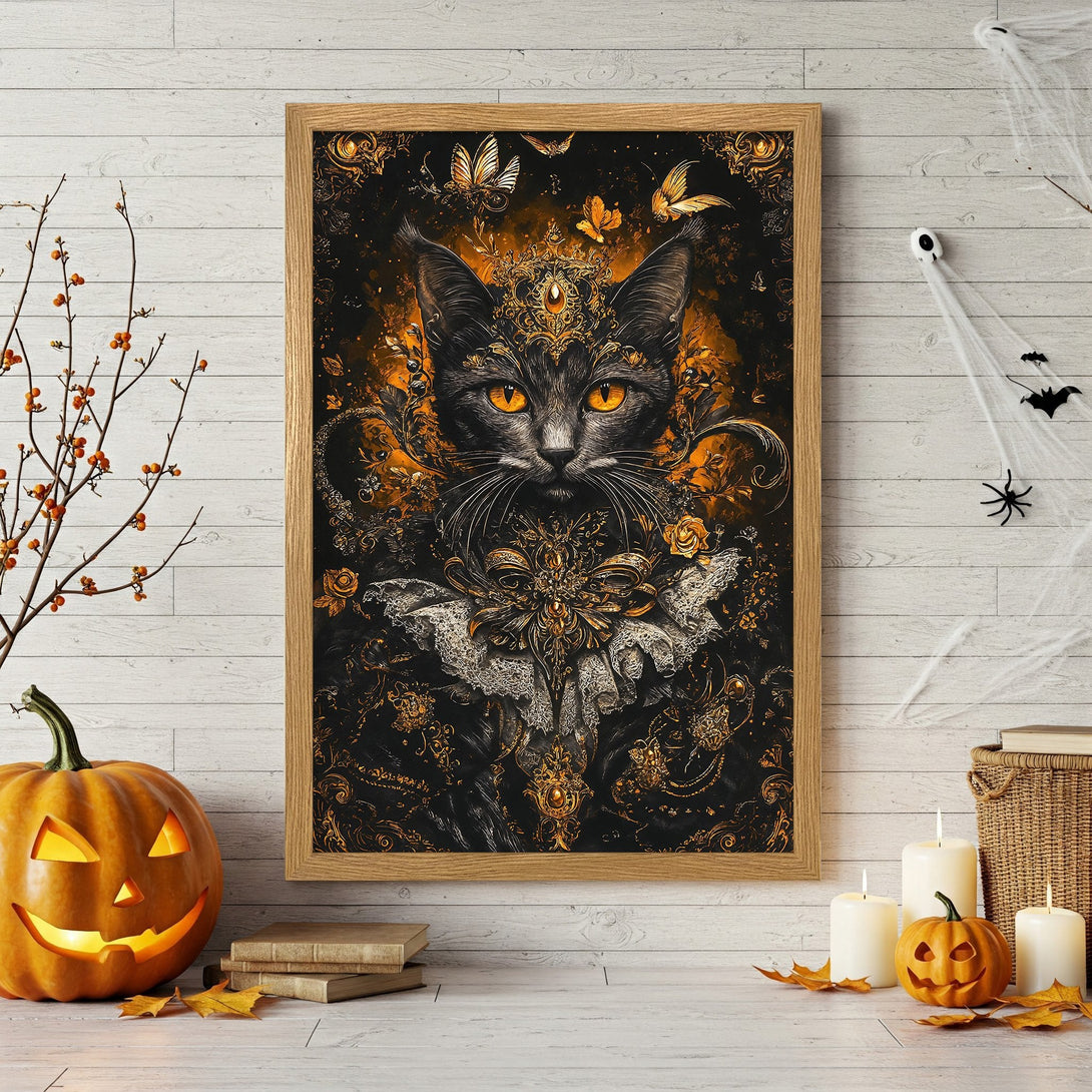 Framed Poster featuring a regal black cat in a gothic style, with a dark and gold color palette, perfect for Halloween decor.