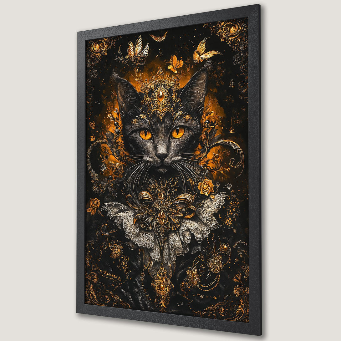 Framed Poster featuring a regal cat in a baroque style, with a black, gold, and orange color palette. Perfect wall art.