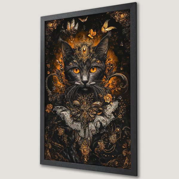 Framed Poster featuring a regal cat in a baroque style, with a black, gold, and orange color palette. Perfect wall art.