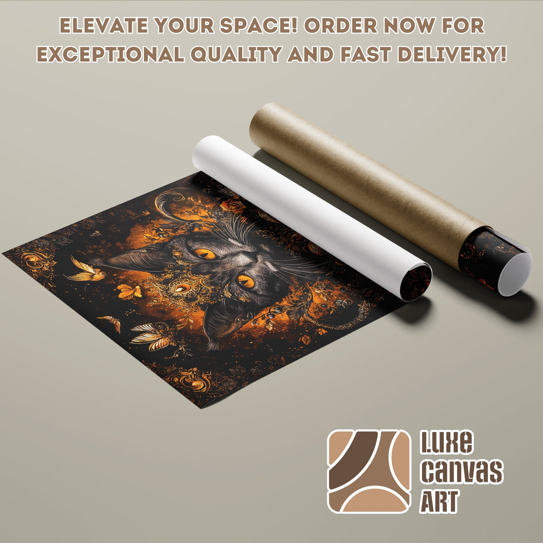 Poster Roll featuring a black cat with gold accents, artistic style, and a dark, warm color palette.