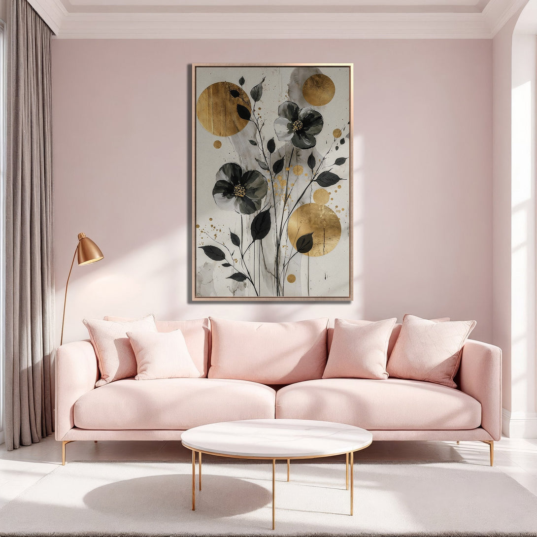 Framed Wall Art featuring floral design in black, gold, and gray tones. Modern art perfect for adding elegance to any space.