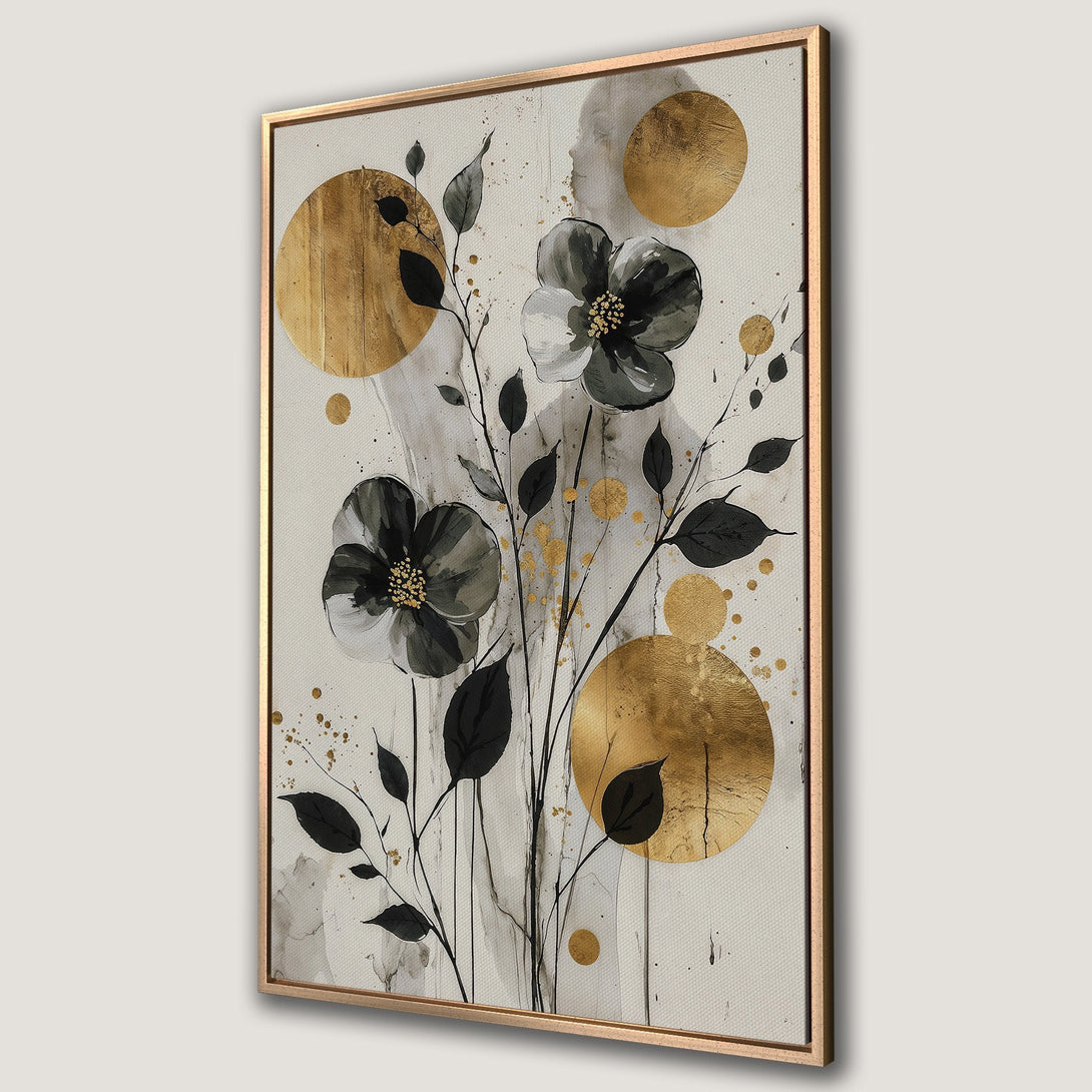 Framed Wall Art featuring elegant floral design in black, gold, and neutral tones. Modern abstract style Canvas Print perfect for any home decor.