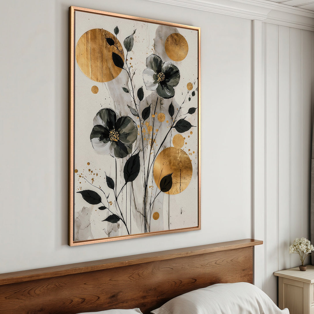 Framed Wall Art: Abstract floral print in gold, black, and grey. Modern botanical art for bedroom decor. Canvas print with elegant style.