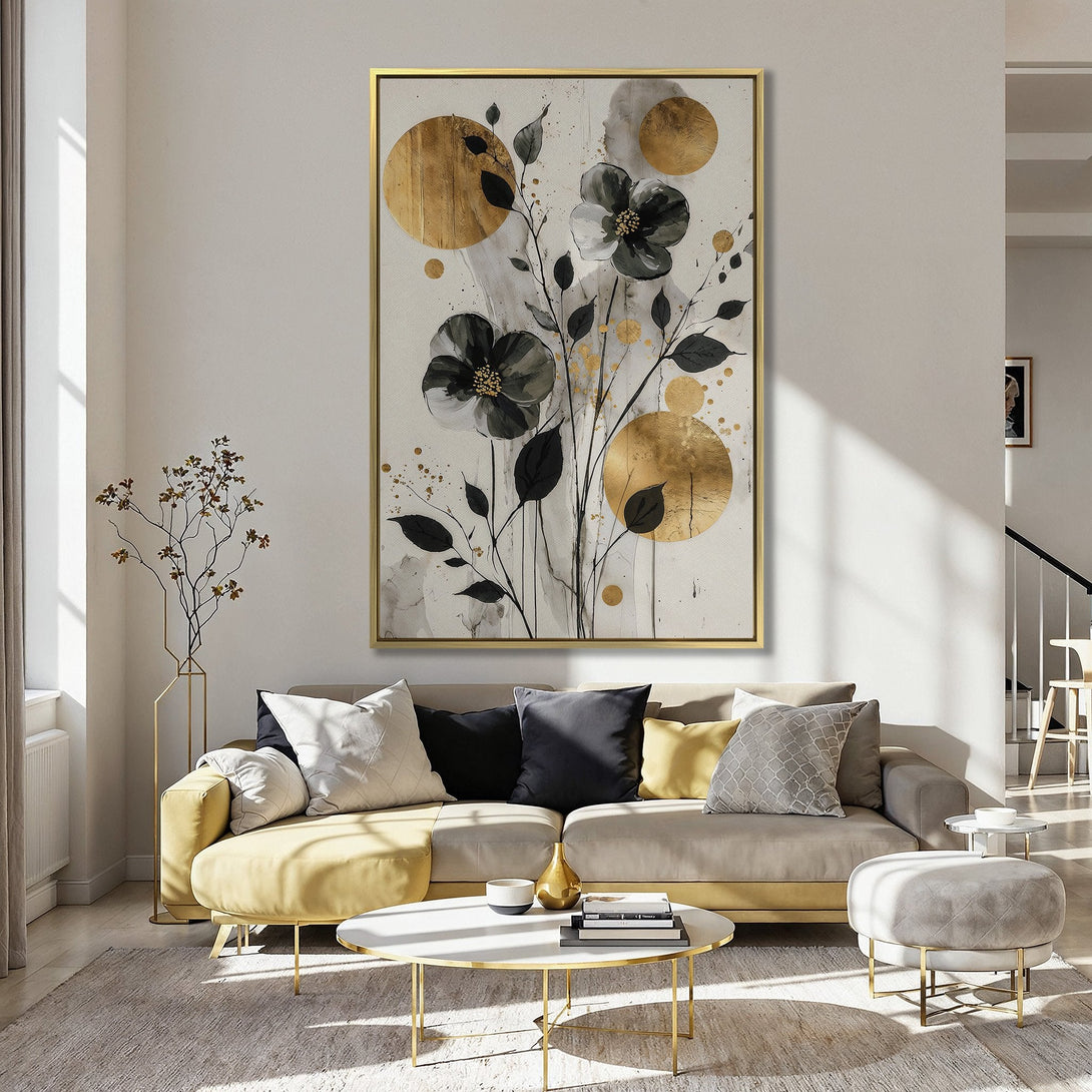 Canvas Print featuring abstract floral art with gold accents, perfect for adding a touch of elegance to any space. Black, white, and gold palette.