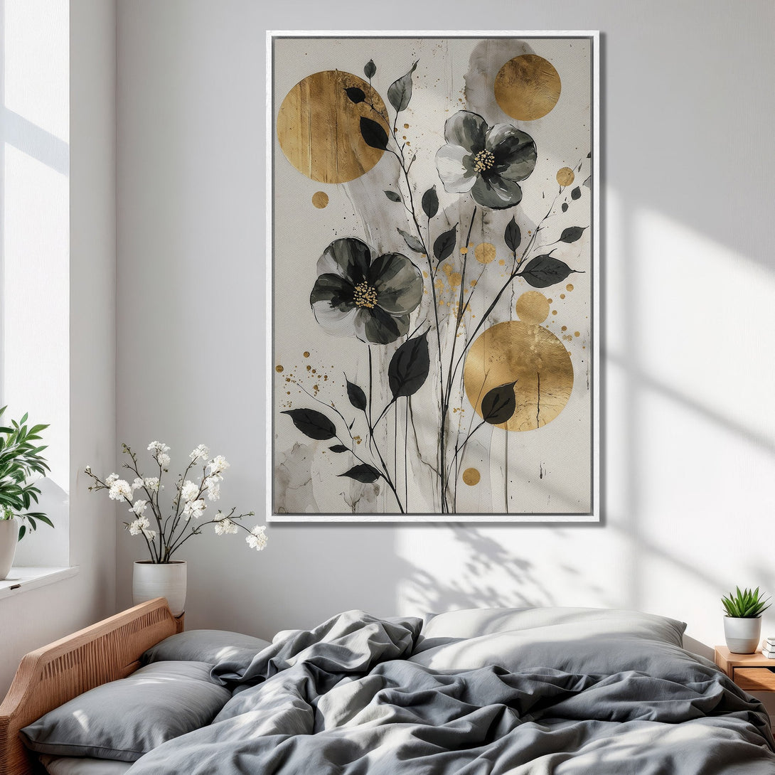 Framed Wall Art: Abstract floral Canvas Print in black, gold, and gray. Modern botanical art for bedroom decor. Enhance your space with stylish wall decor.