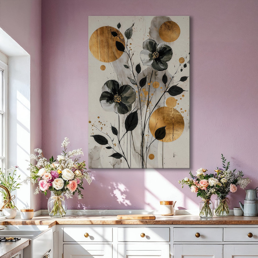 Framed Wall Art: Abstract floral design in black, gold, and white. Modern art canvas print adds elegance to any living room or interior design.