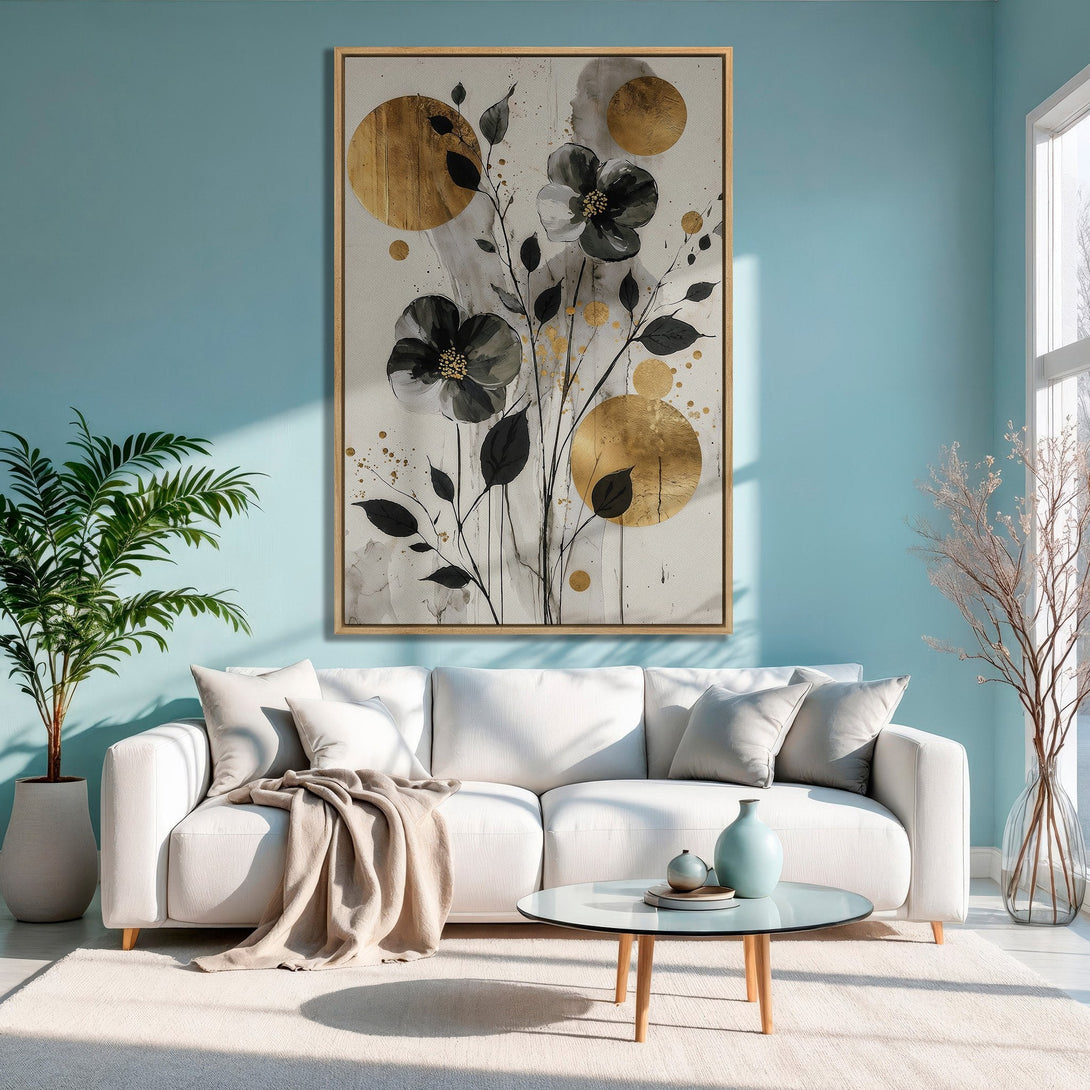 Framed Wall Art featuring abstract floral design in black, gold, and gray. Modern art for home decor, perfect for living room or bedroom.