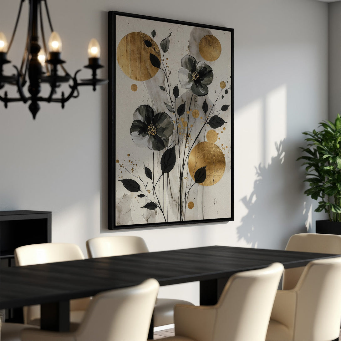 Framed Wall Art: Abstract floral design in black, gold, and cream. Modern art for dining room decor. Elevate your space with stylish wall art.