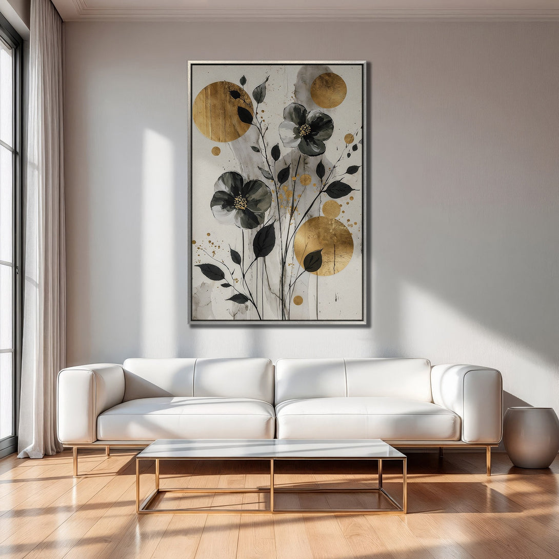 Framed Wall Art featuring abstract floral design in black, gold, and white. Modern art style perfect for living room decor.