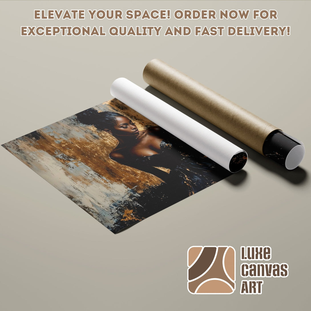 Abstract art Poster Roll featuring a woman, with gold and black tones. Elevate your space!