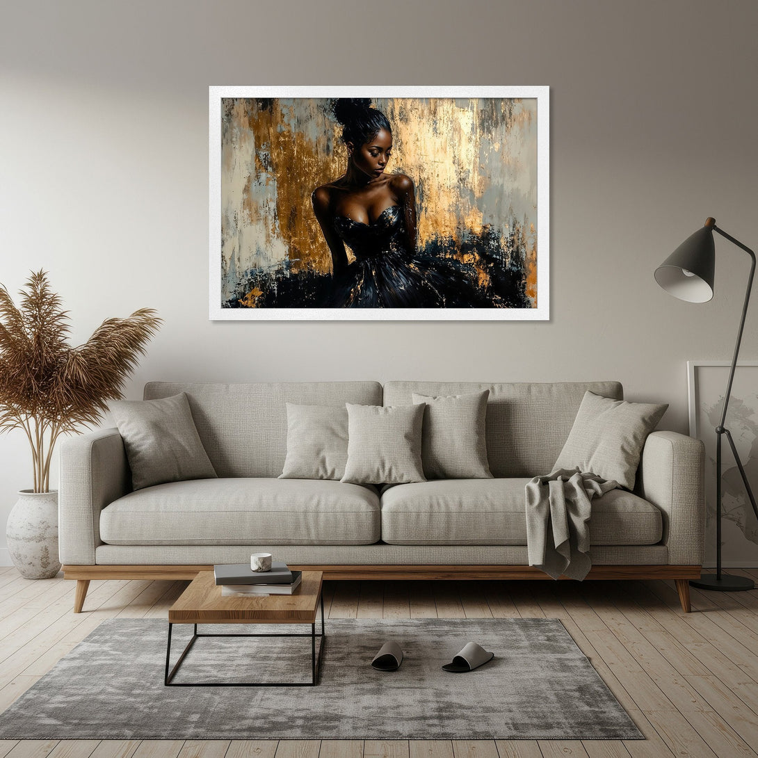 Framed Poster featuring an elegant woman in black dress, abstract style, gold, black & neutral tones. Perfect wall art for your home!