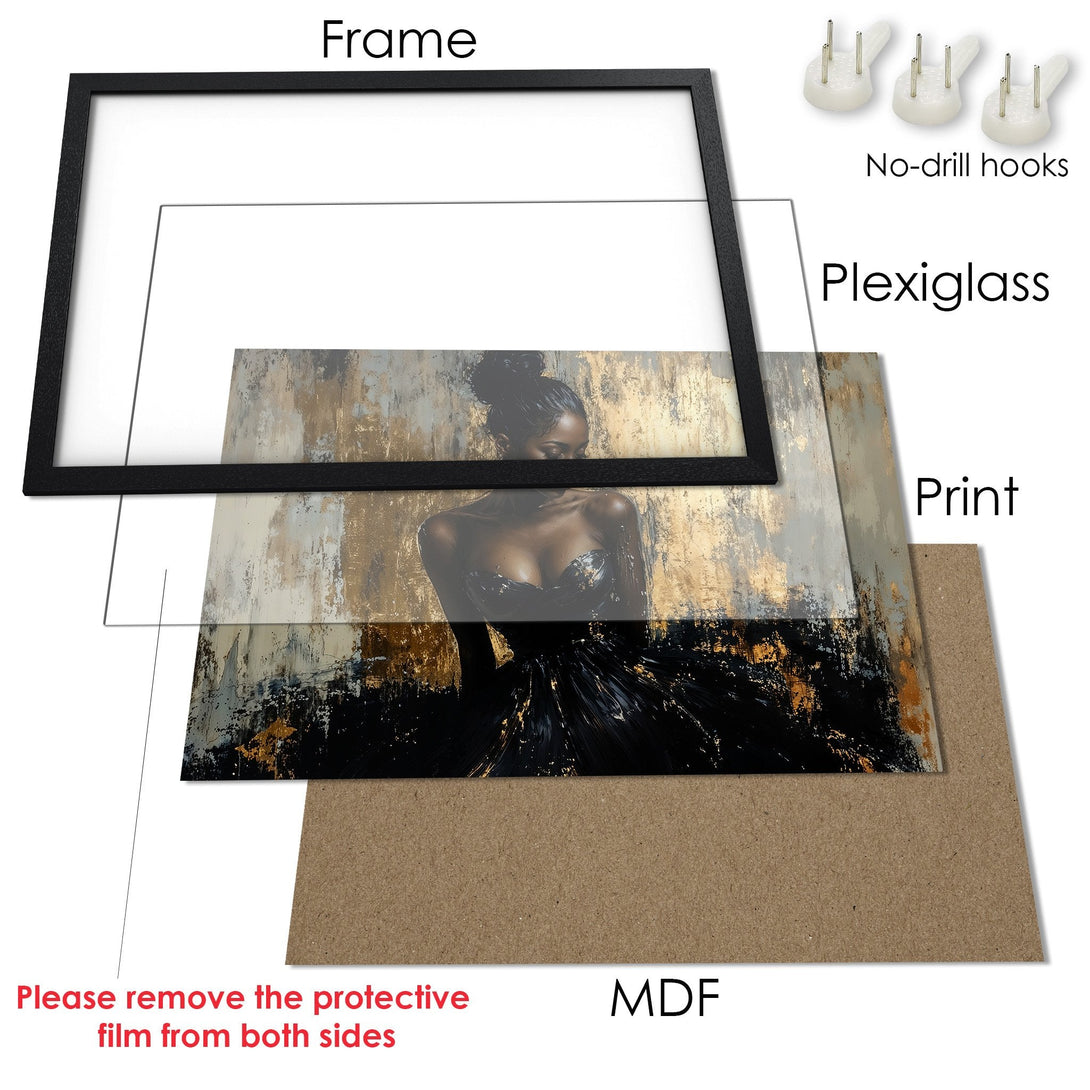 Framed Poster featuring an abstract woman in black & gold. Modern art style, neutral color palette. Ready to hang!