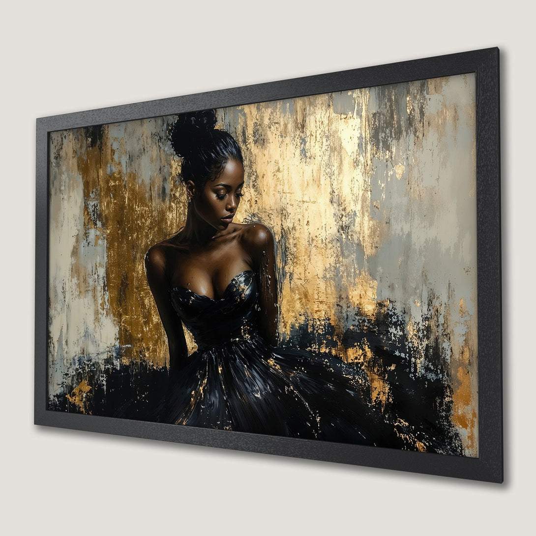 Framed Poster: Elegant woman in black dress, abstract style, gold & black color palette. Add a touch of luxury to your space!