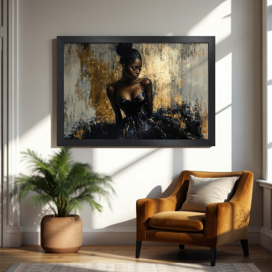 Framed Poster of elegant woman in black dress, abstract style, gold and black color palette. Perfect wall art.