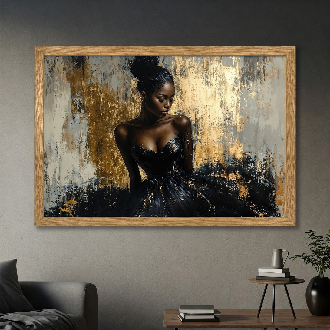 Framed Poster of elegant woman in black dress, abstract art style with gold, black, and neutral tones. Add sophistication to your space!