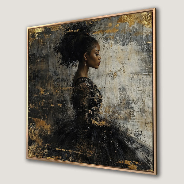 Framed Wall Art: Abstract portrait of a woman in black dress with gold accents. Modern art canvas print in a neutral color palette. Elevate your space!