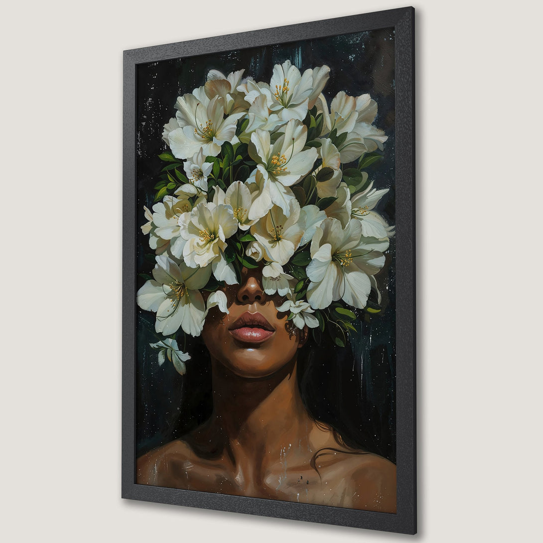 Framed Poster of woman with flower crown, artistic style, featuring white blooms on a dark background, earth tones.