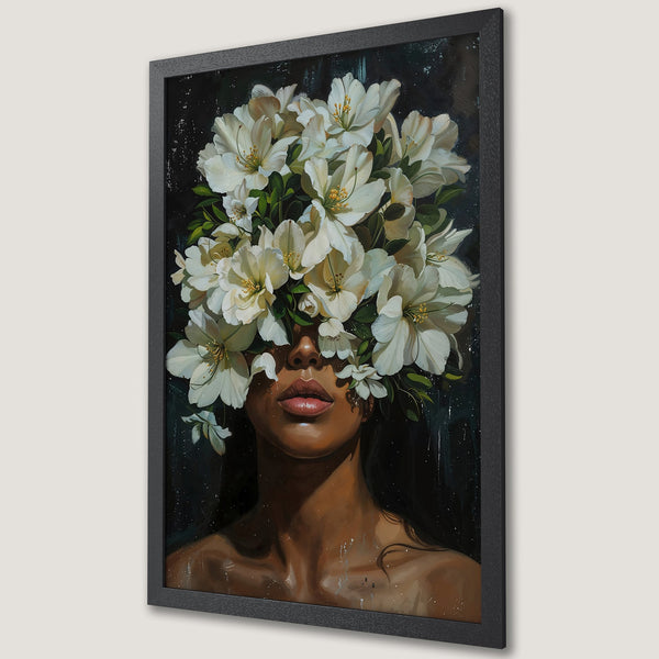 Framed Poster of woman with flower crown, artistic style, featuring white blooms on a dark background, earth tones.