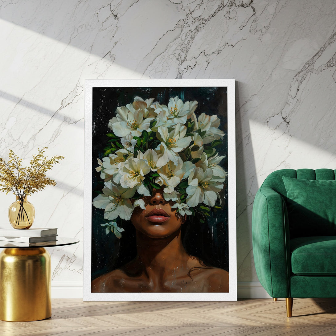 Framed Poster featuring a woman with floral crown. Artistic style, dark & moody color palette. Add elegance to your space!