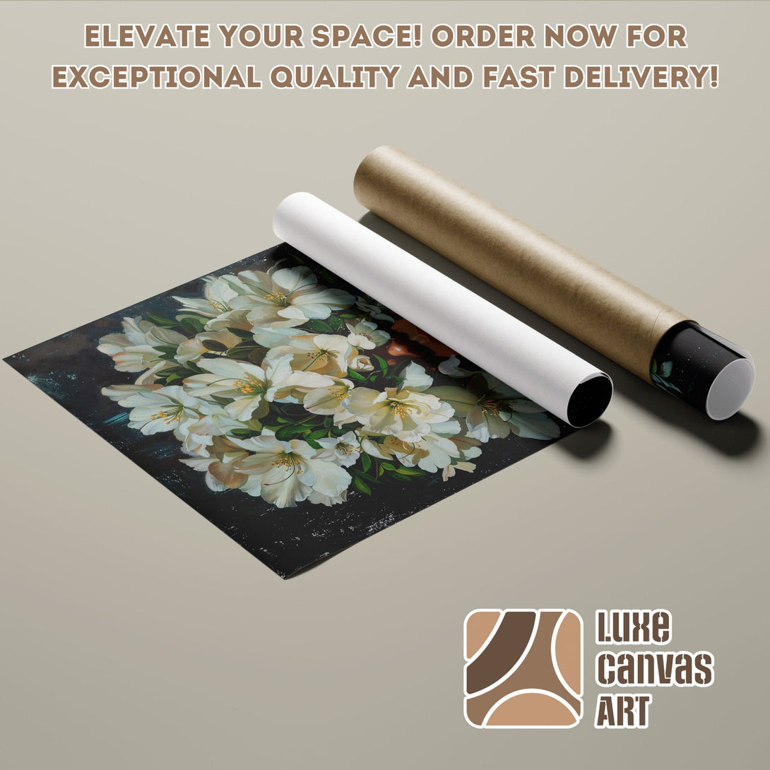 Floral Poster Roll with dark background, white flowers, and neutral color palette. Elevate your space!