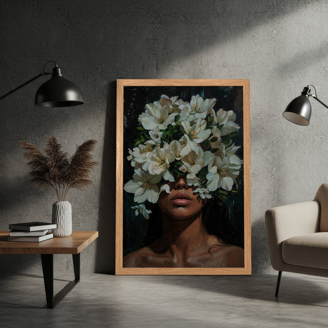 Framed Poster featuring a woman with flowers, dark and moody art. White, black, and neutral color palette. Perfect wall decor.