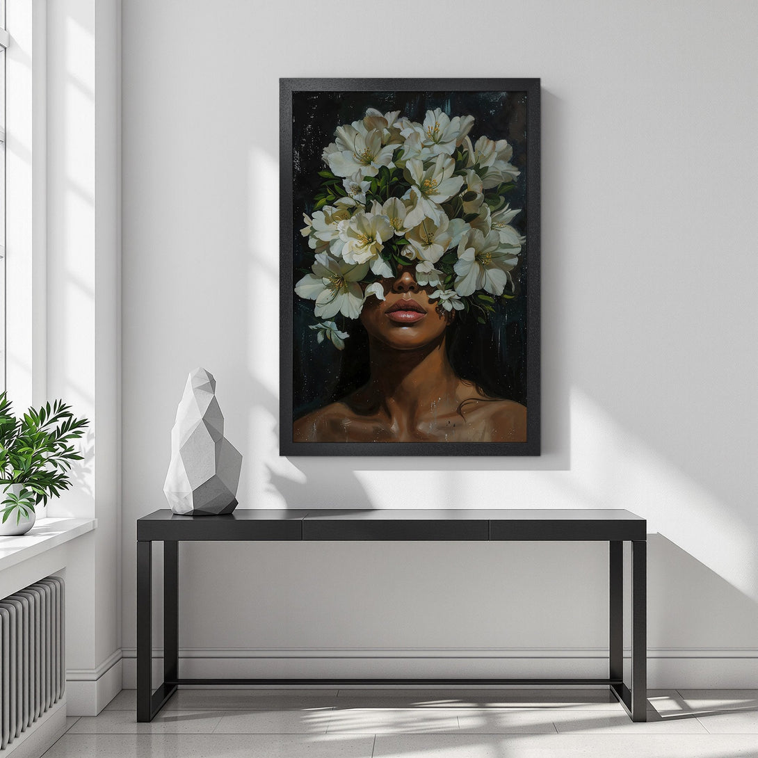 Framed Poster featuring a woman with floral headpiece, dark & moody art. White, black, and skin tone color palette. Perfect wall decor.